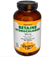Glutenvrije Betaïne Hydrochloride Met Pepsine, 600 Mg (250 Tabletten)   Country Life